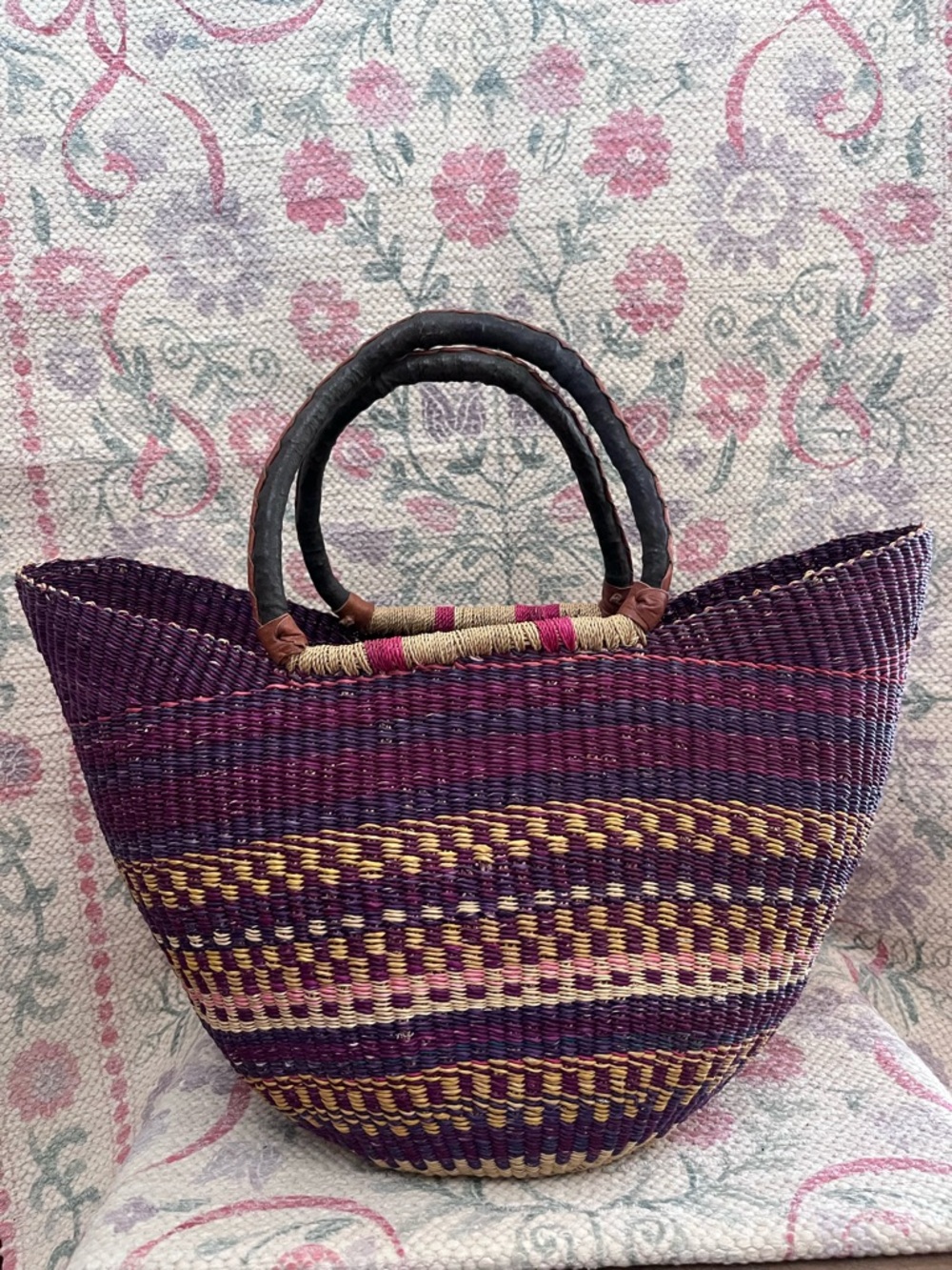 Handwoven Purple Straw Tote Bag with Leather Handles
